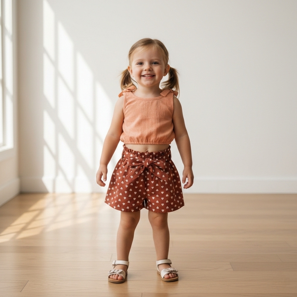 Girls 2-Piece Summer Set Peach Bow Crop Top & Heart Print Belted Shorts 5-6Y